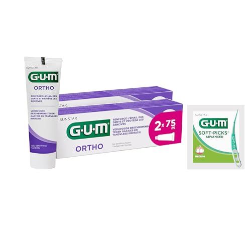 Dentifrice GUM® ORTHO | spécialement conçu pour les porteurs d'appareil orthodontique | réduit l'accumulation de plaque | renforce l'émail | goût menthe verte | 2 x 75 (avec 1 échantillon gratuits)