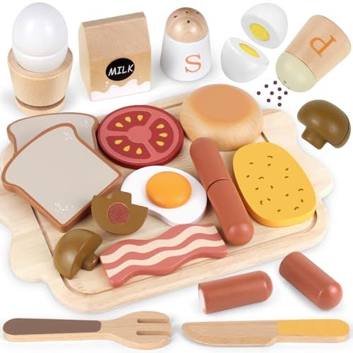 Airlab Jouet en Bois Petit-déjeuner pour Dinette Enfant, Jeux Ustensile Accessoire Cuisine Bois Enfant avec Couteau Aliment Nourriture, Kit Cadeau Anniversaire Pâques Halloween Noël Garçon Fille Bébé