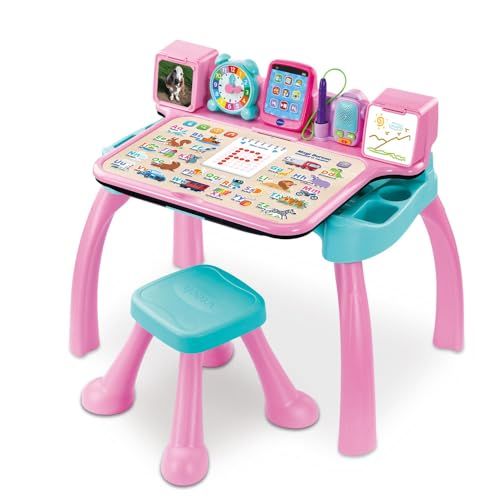 VTech - Magi Bureau Interactif et Musical 6 en 1 - Bureau Enfant Rose avec Tabouret - Table de Jeux Éducative, Chevalet à Dessin et Tableau Noir à Craie - Cadeau Enfant Dès 3 Ans - Contenu en Français