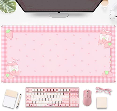 Joli tapis de bureau à carreaux roses pour jeux vidéo, Kawaii : Grand tapis de souris Kawaii : Grand tapis de clavier Kawaii : Tapis d'ordinateur portable pour bureau, décoration de bureau pour femme