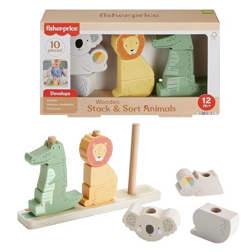 Fisher-Price Animaux en Bois à Empiler et Trier, Jeu d’éveil avec 10 pièces en Bois pour Les Enfants à partir de 1 an, HXV04