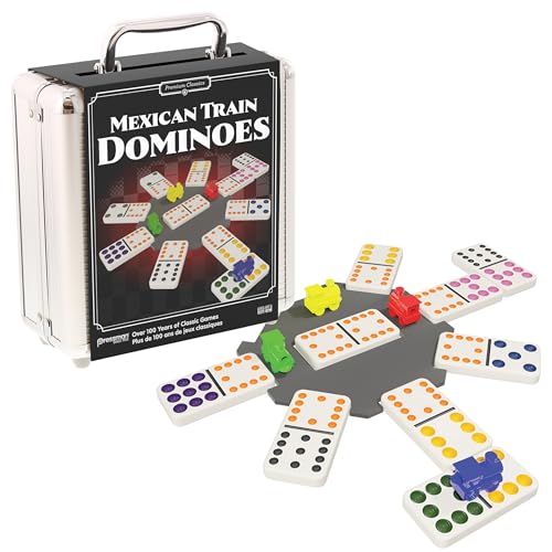 Goliath - Mexican Train Dominoes Boîte Métal - Jeu de Dominos pour Enfants dès 6 Ans - Jeu de Société Stratégie Train Mexicain - 91 Double Dominos de Couleurs à 12 Points - 9 Trains - 1 à 8 Joueurs