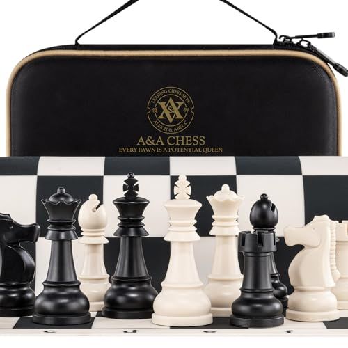 A&A Jeu d'échecs de Voyage/Échiquier Pliable en Silicone 38,1 x 38,1 cm/Pièces Staunton en Plastique avec Une Hauteur de Roi de 3,25 Pouces/Sac de Rangement