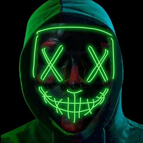 FASCHINFEVER Masque LED Purge vert, masque de costume contrôlable pour Halloween, Mardi Gras et Carnaval, unisexe
