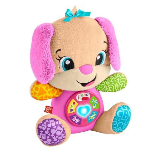 Fisher-Price Rires et Éveil Peluche musicale rose avec activités d’éveil Sis Éveil Progressif, pour bébés et enfants +6 mois, multilingue: Néerlandais, anglais, français, allemand, italien, JFD31