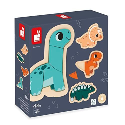 Janod - 4 Puzzles Evolutifs Dino en Bois FSC de 2 à 5 Pièces - Jouets pour Enfant - Jeux Éducatifs - Jouets Premier Age - Dès 18 Mois, J05824