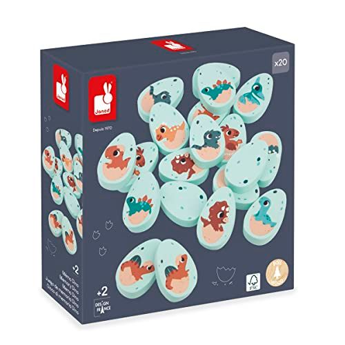 Janod - Jeu de Mémo Dino - 20 Pièces en Bois en Forme d'Œufs Dino - 10 Paires de Bébés Dinosaures - Jeu de Mémoire Enfant - Dès 24 Mois, J05826
