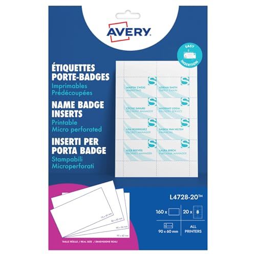 Avery : 160 inserts imprimables pour badges 90x60 mm : cartes blanches en papier 190 g/m² : format standard carte de visite : impression laser et jet d’encre : personnalisables L4728-20