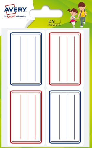 AVERY - Sachet de 24 étiquettes scolaires lignées bleues/rouge. Format 36 x 56 mm.