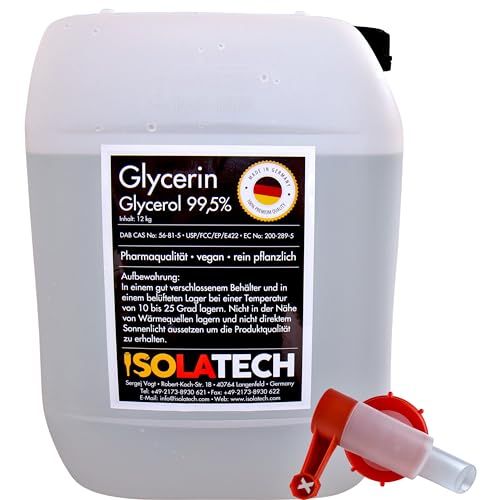 ISOLATECH Glycérine 99,5 % 10 L de qualité pharmaceutique fabriqué en Allemagne, mesurée à 99,98 % pure d'origine végétale, Glycérine Glycérol liquide avec SABEU Fluxx AH23/51 HF Robinet verseur DIN