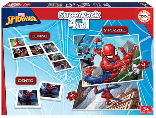 Educa - Spiderman Superpack, Multiples Possibilités de Jeu de Société pour Jouer Seul ou Ensemble, Comprend Domino, Identique et 2 Puzzles, pour Enfant à partir de 3 Ans (19353)