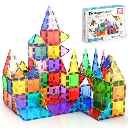 PicassoTiles PT100 Lot de 100 planches de jeu magnétiques pour enfants manipulables d'apprentissage préscolaire Blocs de construction STEM sensoriels créatifs