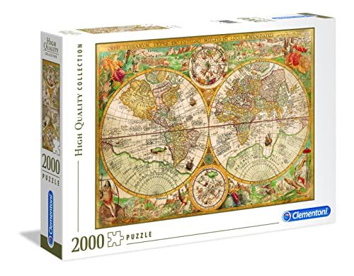 Clementoni | Puzzle Carte Du Monde Vintage pous Adultes | 14 Ans+ | 2000 Pièces | Jeu de Société| Carte Double Hémisphère Style Baroque | 97,5 x 66,8 cm | Reproduction Artistique et Durable