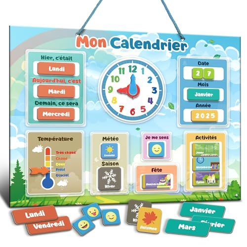 Mon Premier Calendrier par SmartPanda : Jeu Éducatif Magnétique pour Enfants : Comprend une Horloge, une Station Météo et des Émotions : Pour Garçons et Filles, Mur ou Frigo : 30x40cm, en Français