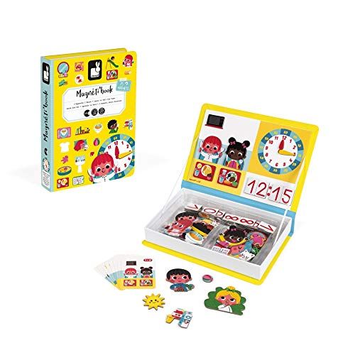 Janod - Magneti'Book J'apprends l'heure - Jeu Educatif Magnétique 75 Pièces - Apprentissage Motricité Fine et Imagination - Dès 3 Ans, J02724, Jaune