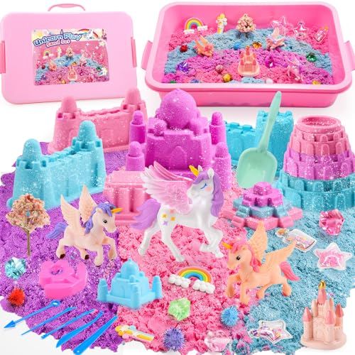 Geebiiny Sable Magique Coloré Enfant, Coffret Cadeau de Jouets pour Enfant, Livré avec une Boîte de Rangement Portable (Licornes)