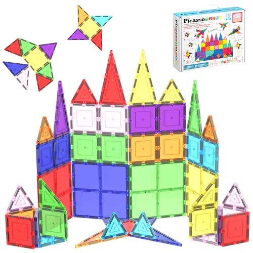 PicassoTiles Ensemble de 60 pièces 60 pièces tuiles de Construction aimantées Blocs de Construction 3D magnétiques clairs Planches de Jeu de Construction - la créativité au-delà de l'imagination,