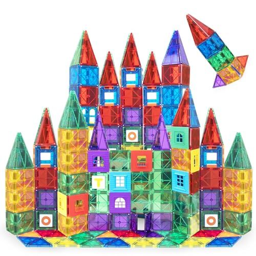 Playmags Ensemble De 100 Blocs de Construction Magnétiques pour Enfants - Jouets À Aimant Puissant STEM - Tuiles Magnétiques Colorées Et Durables Et Livre D'idées