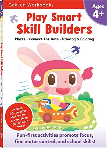 Play Smart Skill Builders Age 4+: Pre-K Activity Workbook with Stickers for Toddlers Ages 4, 5, 6: Build Focus and Pen-control Skills: Tracing, Mazes, Counting(Full Color Pages)