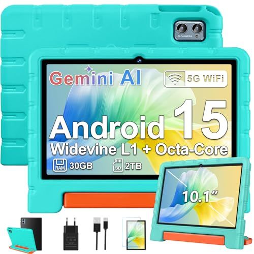 ZIOVO Tablette 10 Pouces Android 15, 30Go RAM+64Go ROM (TF 2To), 5G WiFi Tablettes, Gemini AI, Octa-Core/Widevine L1/Face ID/Contrôle Parental/6000 mAh/BT 5.0, Tablette avec étui Eva -Vert