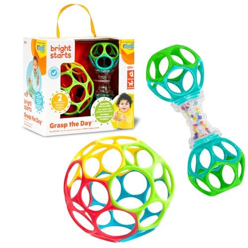 Bright Starts, Set Cadeau Easy-Grasp Oball Bundle - Grasp the Day, Balle et Hochet, Set de 2 Jouets Sans BPA, Unisexe, Nouveau-nés et Plus