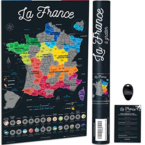 Bonanzana - Carte de France à Gratter - 70x42 cm - Poster à Gratter les Régions & Départements Français Visités avec Plats & Lieux - Carte Cadeau Murale voyages - Scratch Off Map