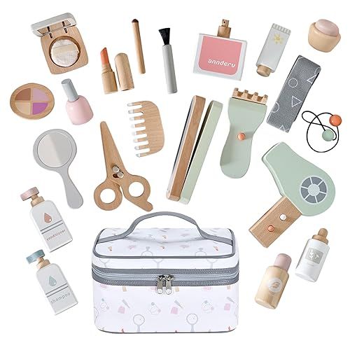 Smartwo Maquillage Enfant en Bois, Jeu de Rôle Coiffeur, Kit Beauté Bois, Malette Faux Maquillage, Coffre à Jouets Coiffure, Accessoires Coiffeuse Fille, avec Trousse Toilette, Cadeau 3 4 5 6 Ans