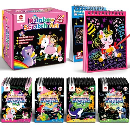 Mocoosy 24 Carnet de grattage Favours de fête Goodies anniversaire, Kit papier à gratter Idées sacs à cadeaux,Prix pour Classe, 8 Thème Papier à gratter Licorne animaux Cadeaux pour garçons filles 3-8