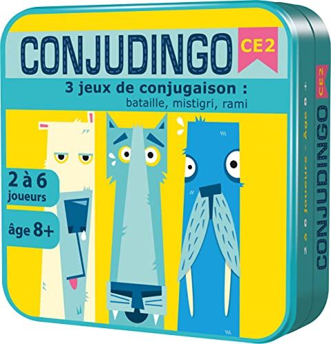 Aritma - CONJUDINGO CE2 - Jeu de Société Éducatif dès 8 Ans - 3 Jeux de Conjugaison : Bataille, Mistigri, Rami - Consolider Les Acquis en Conjugaison - 2 À 6 Joueurs - 15 Min - Version Française