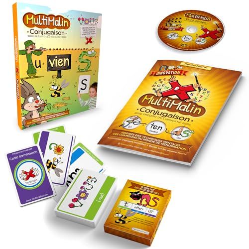 MultiMalin - Coffret Conjugaison du Présent (Livret + DVD + Jeu de Cartes) - Apprendre la Conjugaison du Présent avec Plaisir - Mémorisation Ludique et Durable | CE1, CE2, CM1, CM2 et +