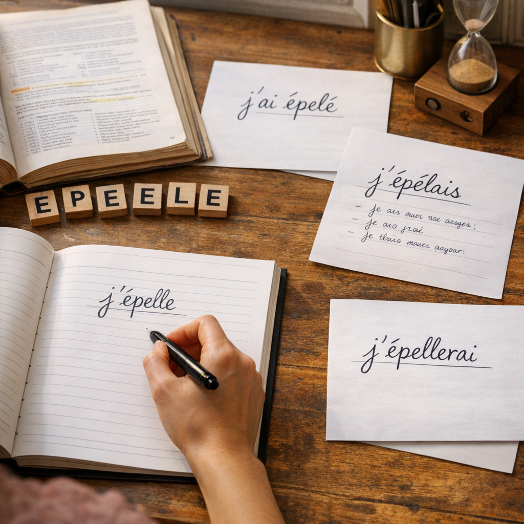 Indicatif&nbsp;: présent, passé composé, imparfait, passé simple et futur d’épeler