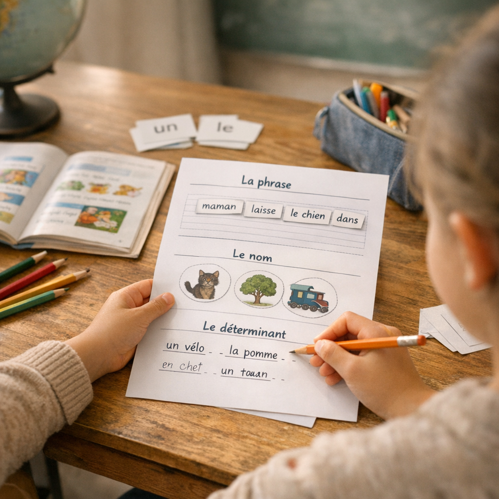Exercices de grammaire CE1&nbsp;: phrase, nom et déterminant