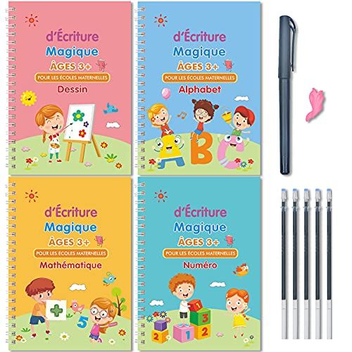 Larcenciel Cahier Écriture Maternelle En Français, 4 Livres Calligraphie Enfant Magique + 1 Stylo + 5 Recharges +1 Grip, Cahier De Vacances CP Vers CE1 CE2, Guide Doigts Écriture Enfant pour 3-5 Ans
