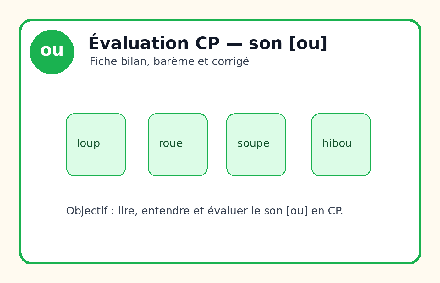 Évaluation CP sur le son [ou] : fiche bilan avec barème et corrigé
