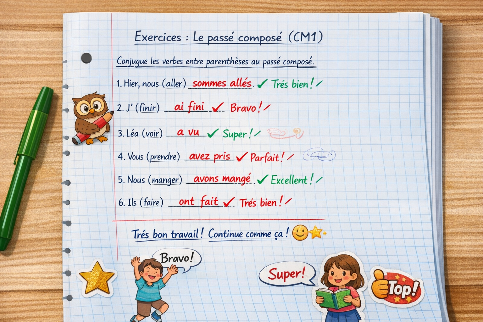 Le passé composé au CM1 : exercices corrigés