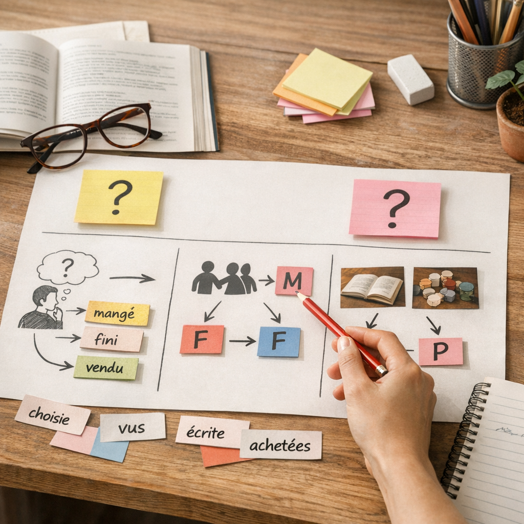 Méthode visuelle en 3 questions pour trouver et accorder un participe passé