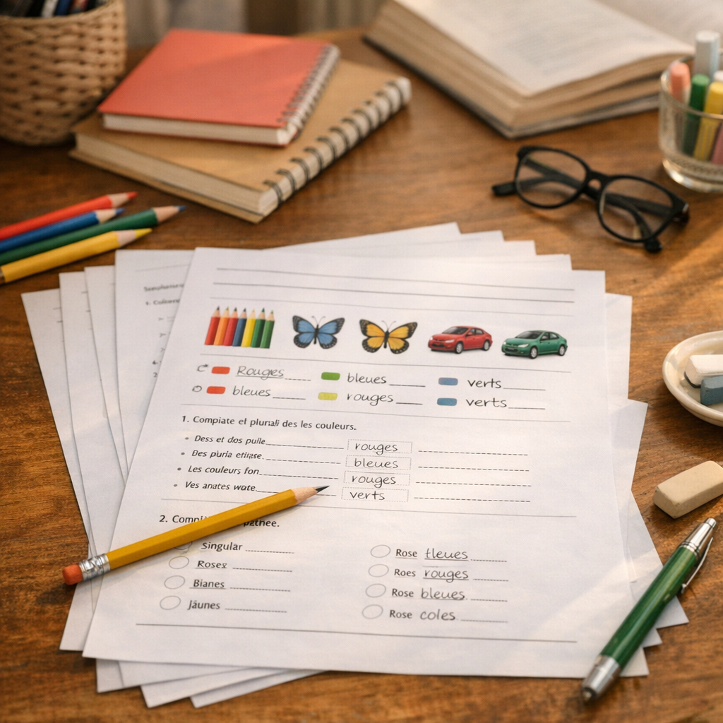 Évaluation imprimable&nbsp;: exercices progressifs sur le pluriel des couleurs