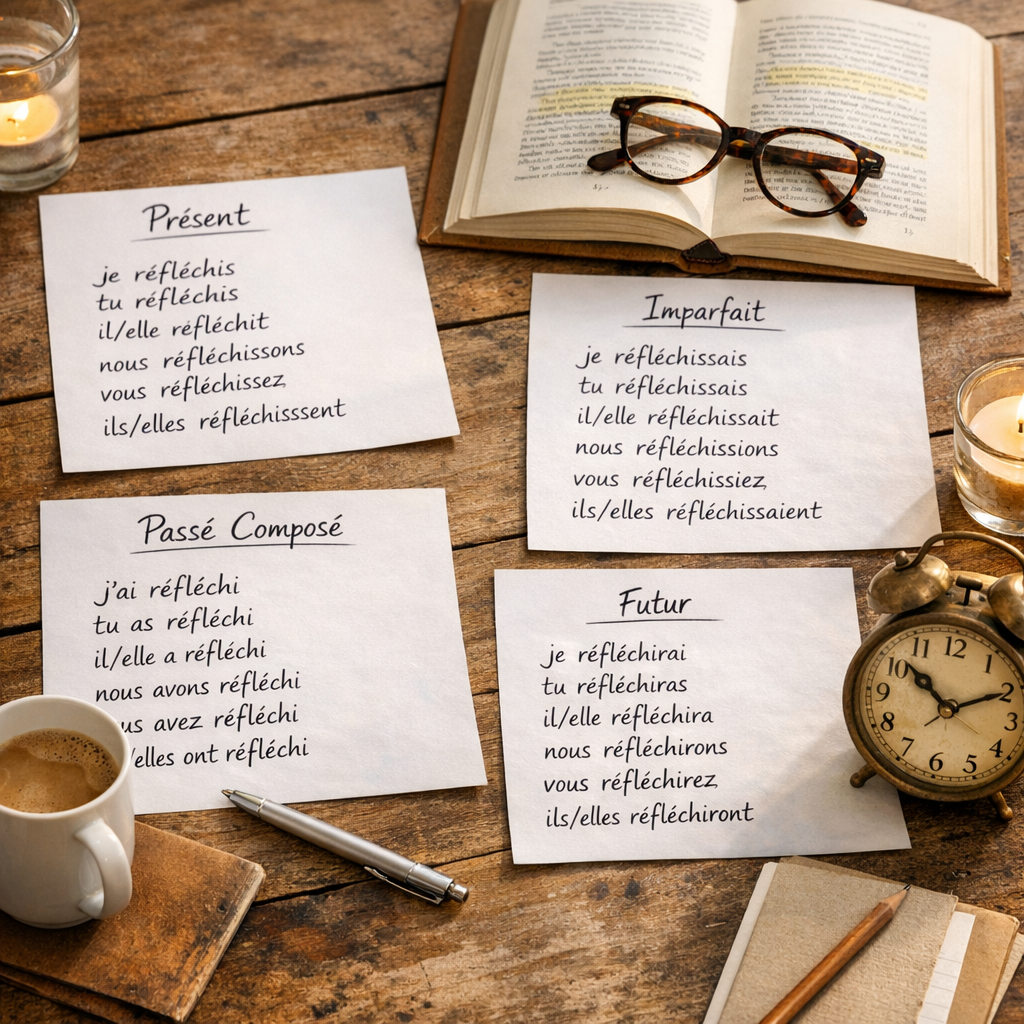 Indicatif&nbsp;: présent, imparfait, passé composé et futur de réfléchir