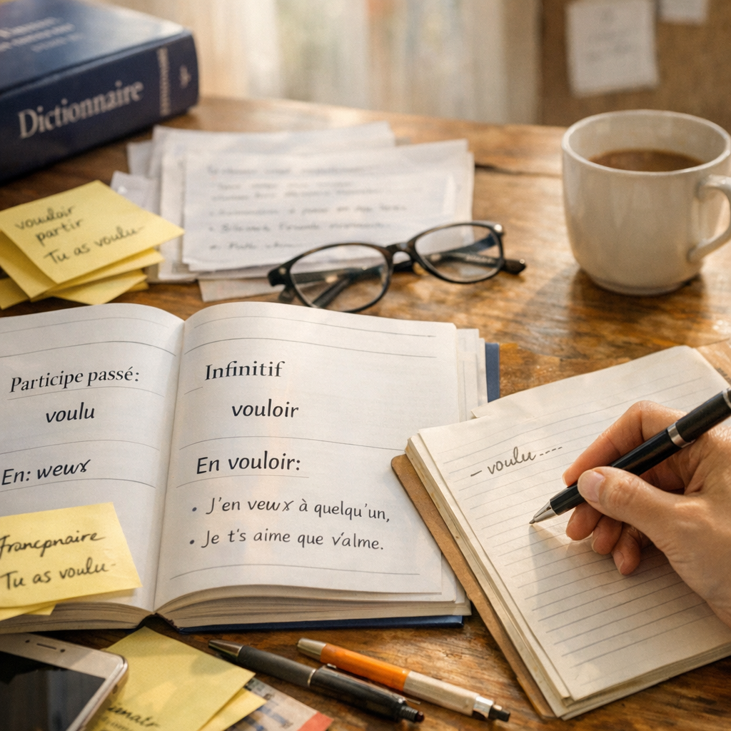 Participe passé, infinitif et tournures avec « en vouloir »